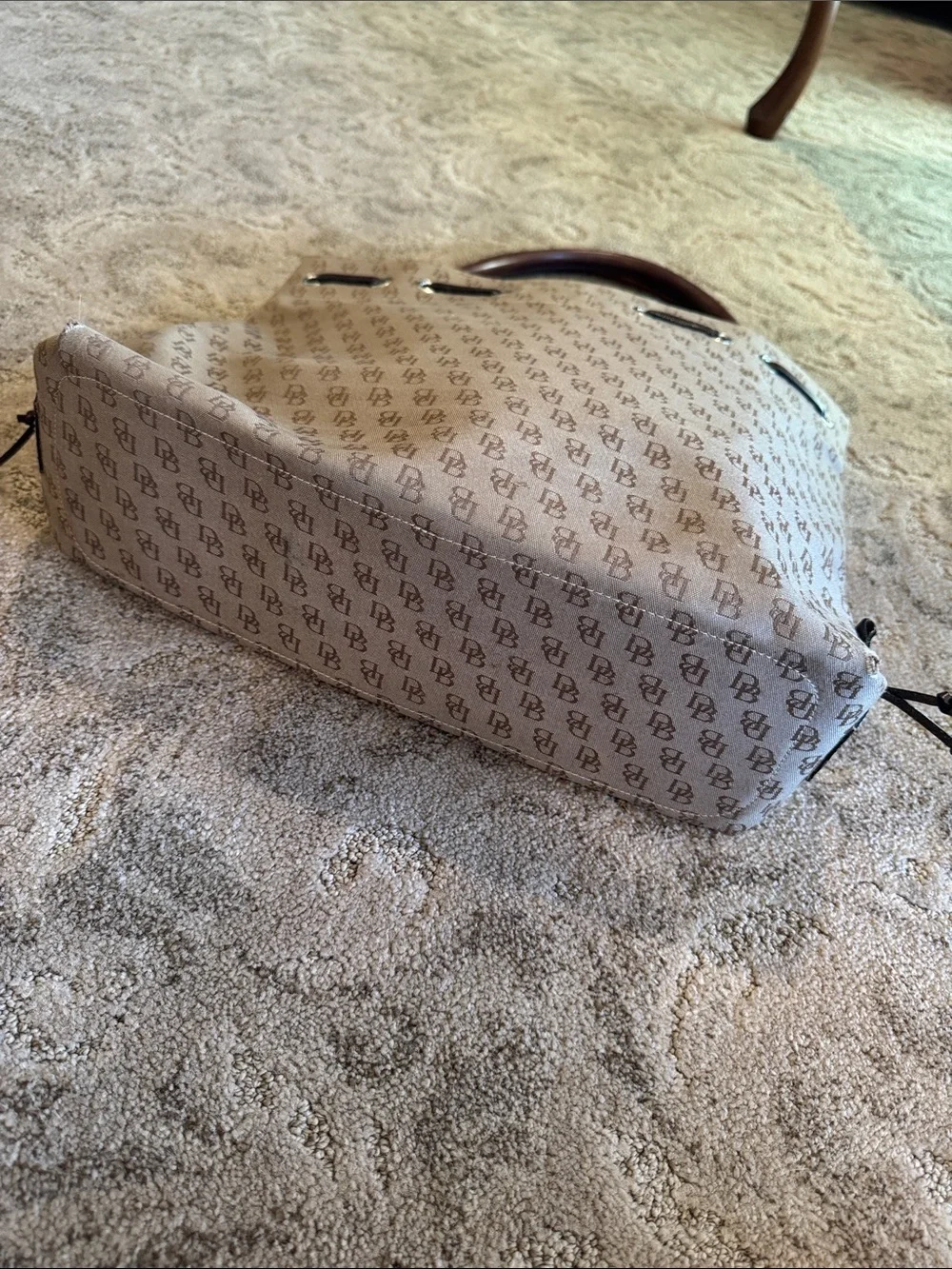 Dooney & Bourke Beige Monogram Tote with Brown Leather Trim